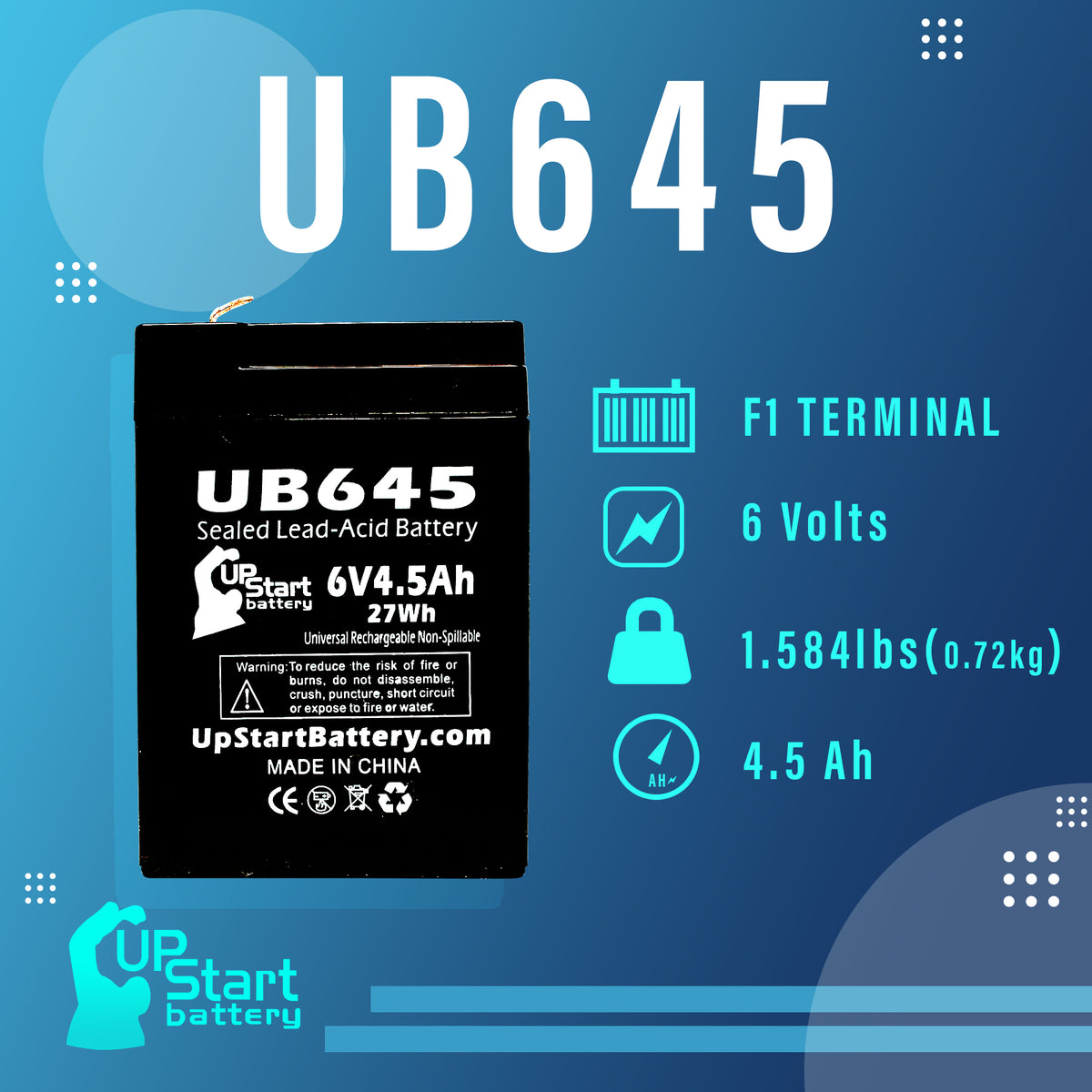 sealed rechargeable lead acid battery yt 645 6 volts 4.5ah