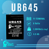 UB645 Sealed Lead Acid Battery Replacement (6V, 4.5Ah, F1 Terminal, AGM, SLA)