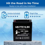 12V 18Ah YTX16-BS Battery Replacement for YTX16 BS 1 Motorcycle Battery YTX16BS MBTX16U PTX16-BS STX16-BS YB16B-A 16-BS YTX16-BS-1 16-BS-1 Rechargeable SLA AGM ATV Powersports Batteries Parts