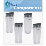 4 Pack Replacement Single Serve 16 oz Cup for Ninja Professional Blender BL663 1100-Watt