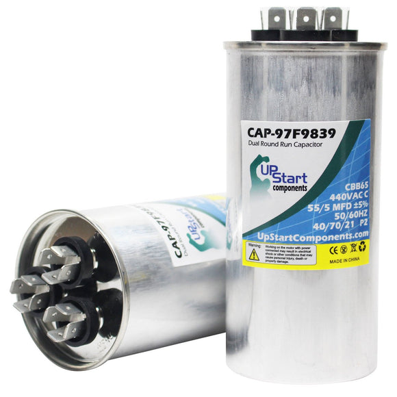 2-Pack 55/5 MFD 440 Volt Dual Round Run Capacitor Replacement for Carrier / Bryant 38YCA060300