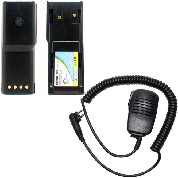 2x Pack - Motorola P110 Battery + Shoulder Speaker with Push to Talk (PTT) Microphone Replacement