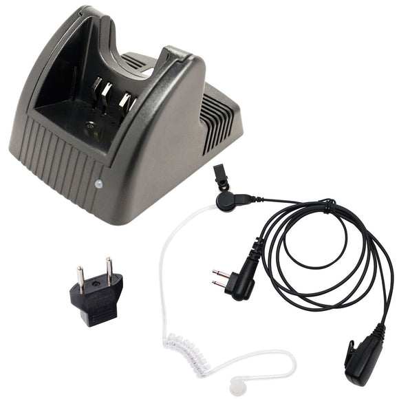 Motorola GP280 Charger, FBI Earpiece with Push to Talk (PTT) Microphone Replacement & EU Adapter