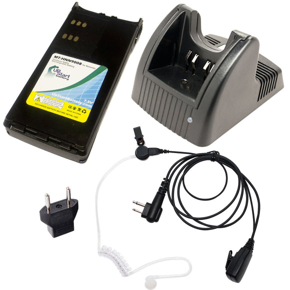 Motorola GP280 Battery + Charger + FBI Earpiece with Push to Talk (PTT) Microphone + EU Adapter Replacement