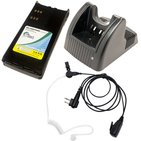 Motorola GP280 Battery + Charger + FBI Earpiece with Push to Talk (PTT) Microphone Replacement