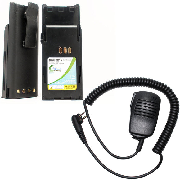 2x Pack - Motorola P1225 Battery + Shoulder Speaker with Push to Talk (PTT) Microphone Replacement