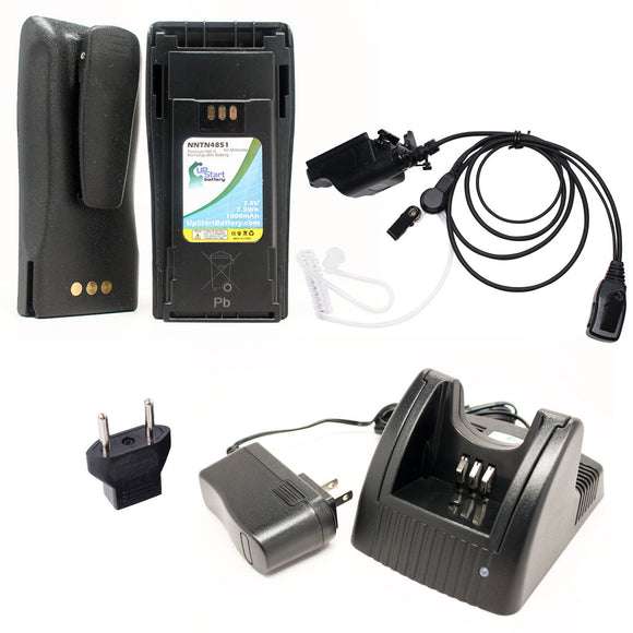 2x Pack - Motorola MTX1000 Battery + Charger + FBI Earpiece with Push to Talk (PTT) Microphone + EU Adapter Replacement