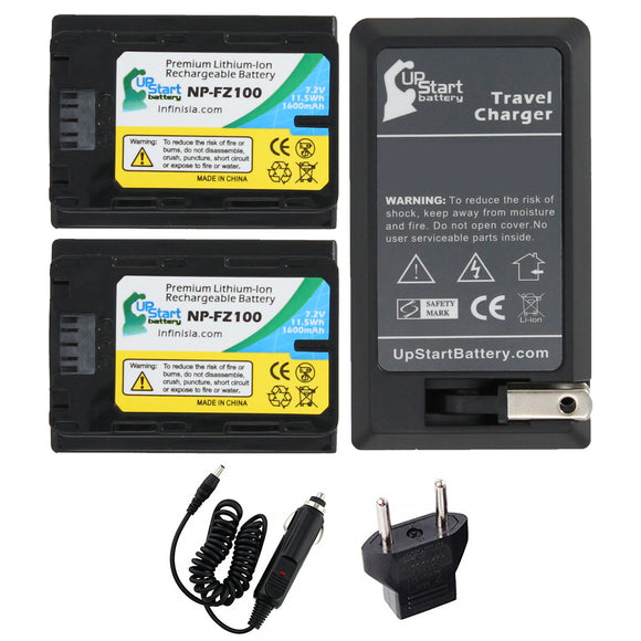 2-Pack NP-FZ100 Battery + Charger + Car Plug + EU Adapter Replacement for Sony NP-FZ100 Rechargeable Lithium-Ion Battery