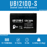 2x Pack Schwinn S250 Battery - Replaces UB12100-S Universal Sealed Lead Acid Batteries (12V, 10Ah, 10000mAh, F2 Terminal, AGM, SLA)