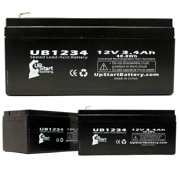 3-Pack UB1234 Sealed Lead Acid Battery Replacement (12V, 3.4Ah, F1 Terminal, AGM, SLA)