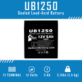 2x Pack - Securitron DK25 Battery - Replacement UB1250 Universal Sealed Lead Acid Battery (12V, 5Ah, 5000mAh, F1 Terminal, AGM, SLA) - Includes 4 F1 to F2 Terminal Adapters