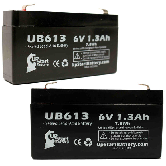 2x Pack - PANASONIC LCR061R3P Battery - Replacement UB613 Universal Sealed Lead Acid Battery (6V, 1.3Ah, 1300mAh, F1 Terminal, AGM, SLA) - Includes 4 F1 to F2 Terminal Adapters