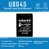 Emergilite ME2N Battery - Replacement UB645 Universal Sealed Lead Acid Battery (6V, 4.5Ah, 4500mAh, F1 Terminal, AGM, SLA) - Includes TWO F1 to F2 Terminal Adapters