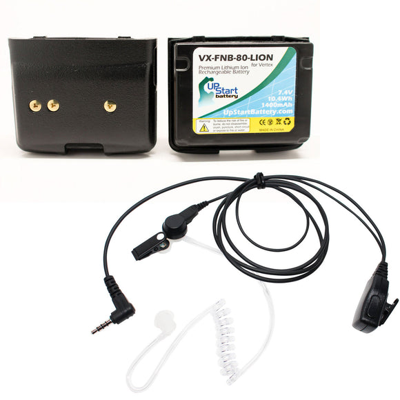 2x Pack - Yaesu / Vertex VX-5R Battery + FBI Earpiece with Push to Talk (PTT) Microphone Replacement